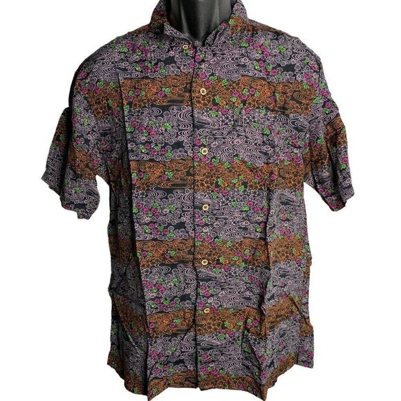Vintage Button Up Polynesian Shirt L Black Floral Short Sleeve Collar Pocket - Picture 1 of 6